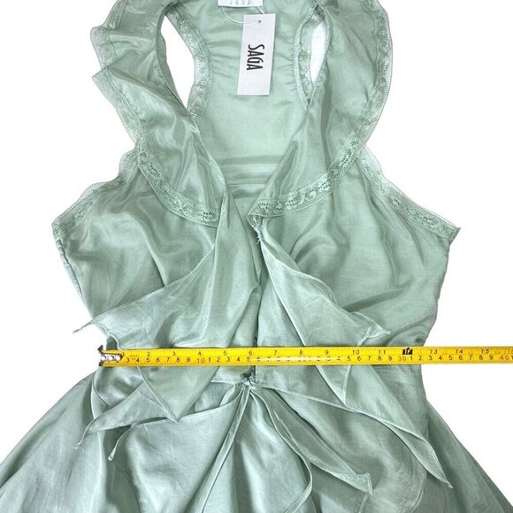 NWT SAGA Flowy Vest Duster Sz.S Mint Green Silk Lace Ruffles Fairy Romantic - Picture 10 of 16